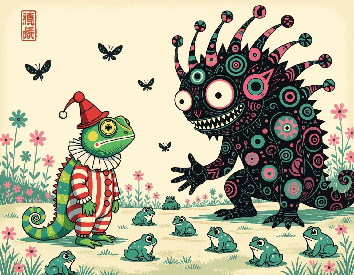 Chameleon Clown Meets Demon in Studio Ghibli Style