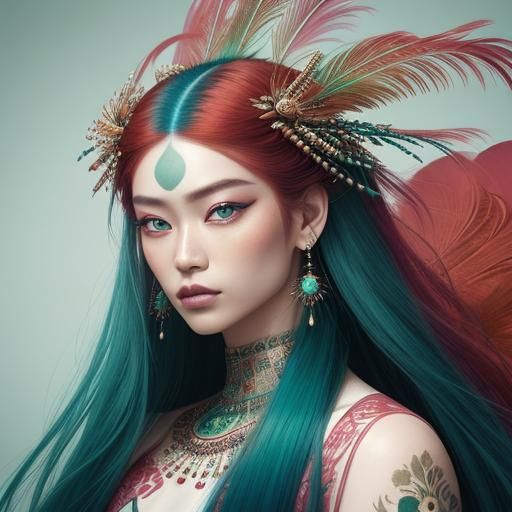 Exotic Asian Woman with Peacock Feather Lashes