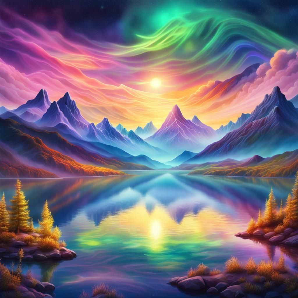 Astral Cosmic Lake and Misty Mountains in Holographic Style