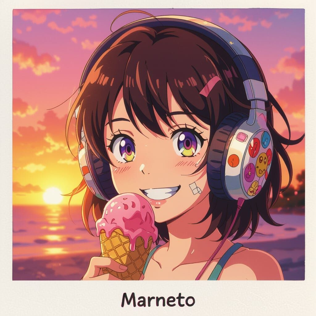 Anime Girl With Retro Headphones and Melting Ice Cream