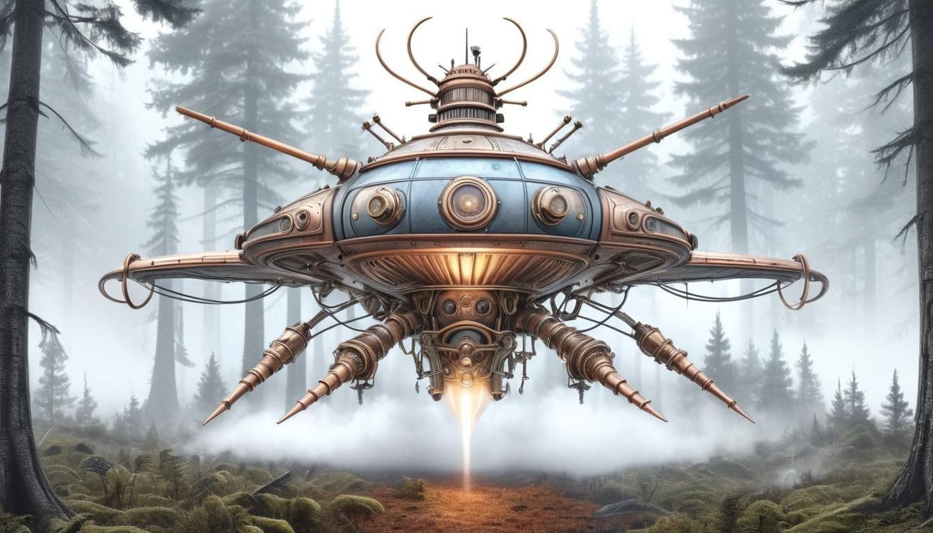 Alien Spaceship Lands in Forest: Steampunk Concept Art