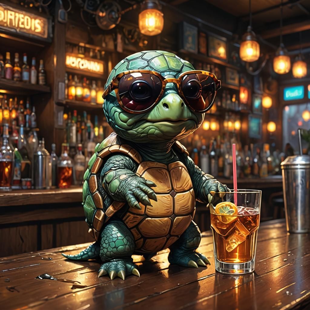 Kawaii Turtle with Sunglasses in a Bar