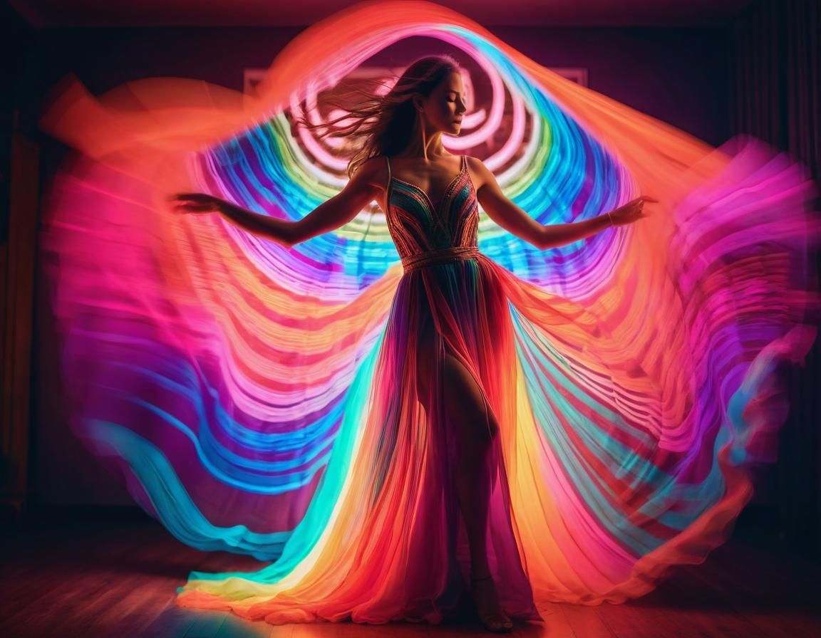 Dancing Woman in Neon Dress with Volumetric Lighting