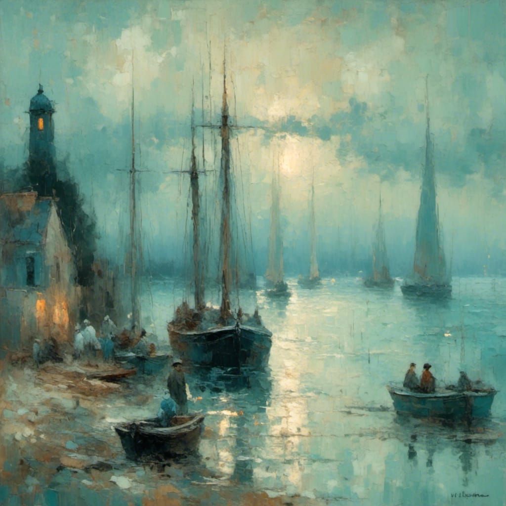 Sailboat Scene at Dusk in Impressionist Style