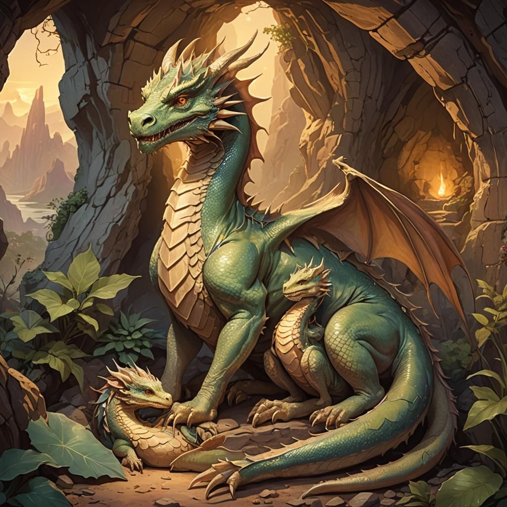 Protective Dragon Mother in Fantasy Cave Home