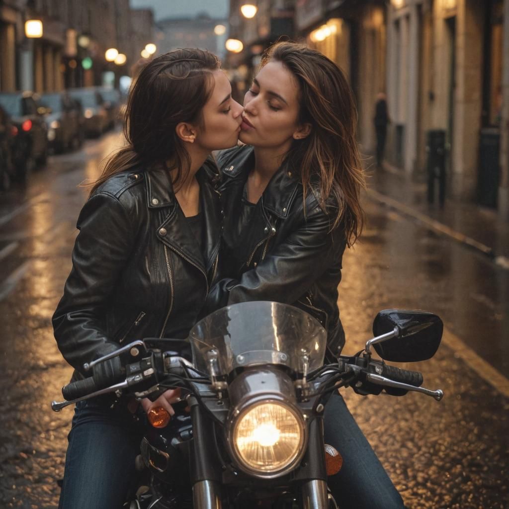 Romantic Kiss on Motorcycle in Rainy City