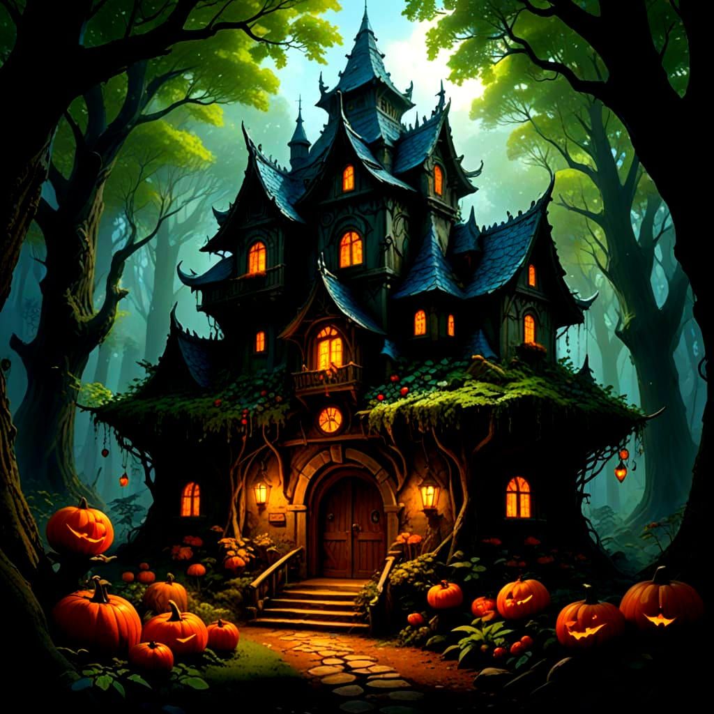 Magical Farmstand in Enchanted Forest with Glowing Produce