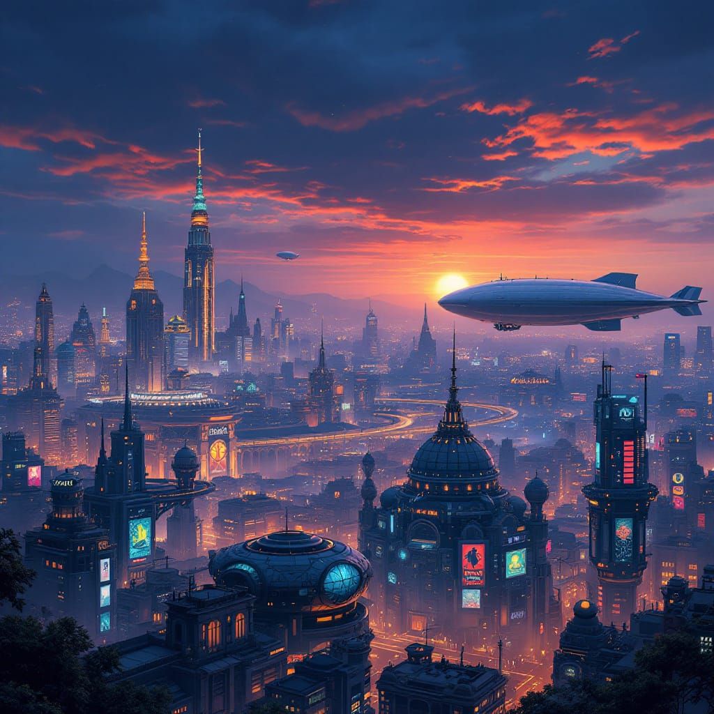 Retro-Futuristic Metropolis at Dusk in 8k Resolution