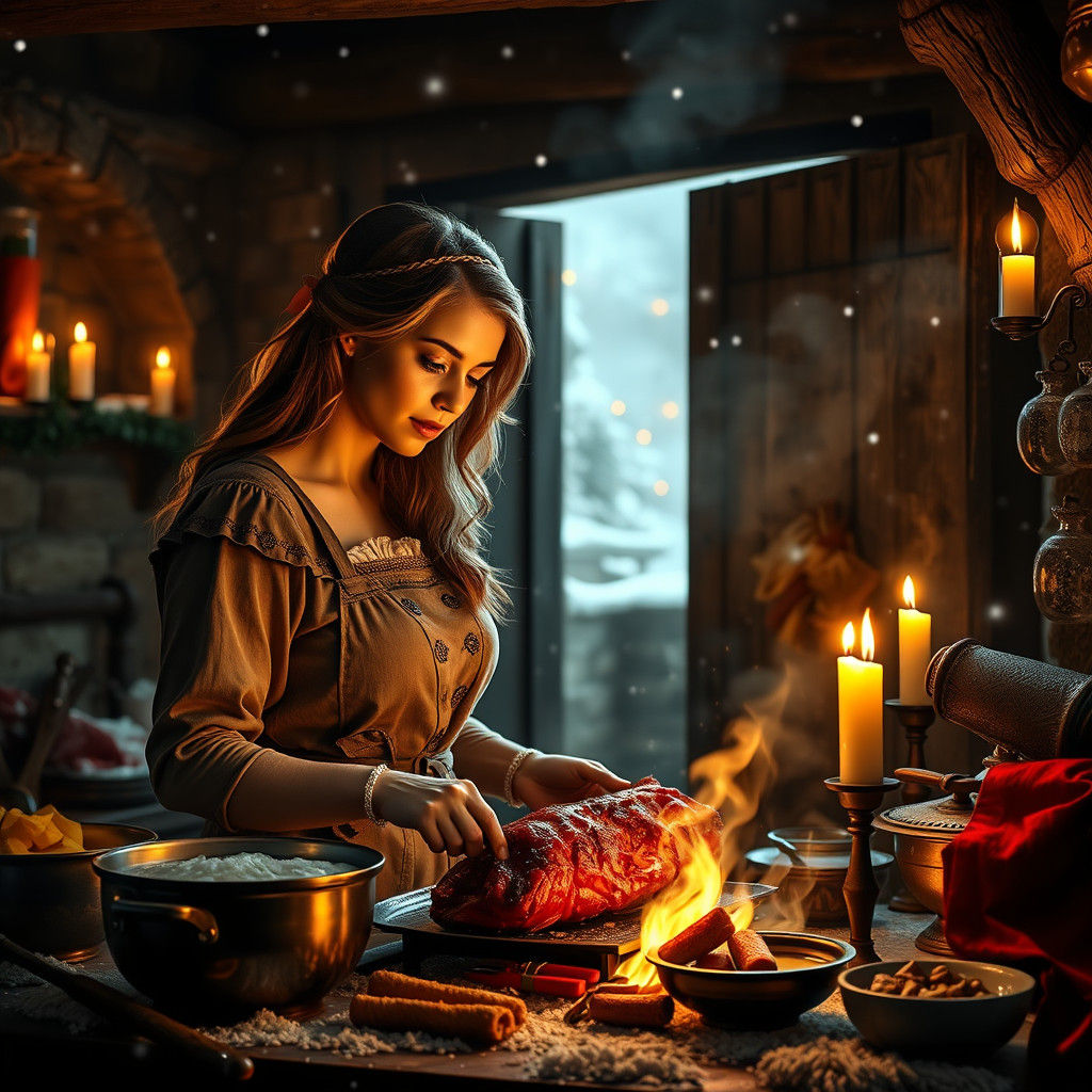 Cozy Medieval Kitchen Scene with Santa