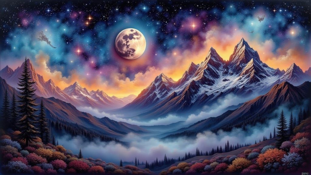 Majestic Mountain Range Under Starry Night Sky