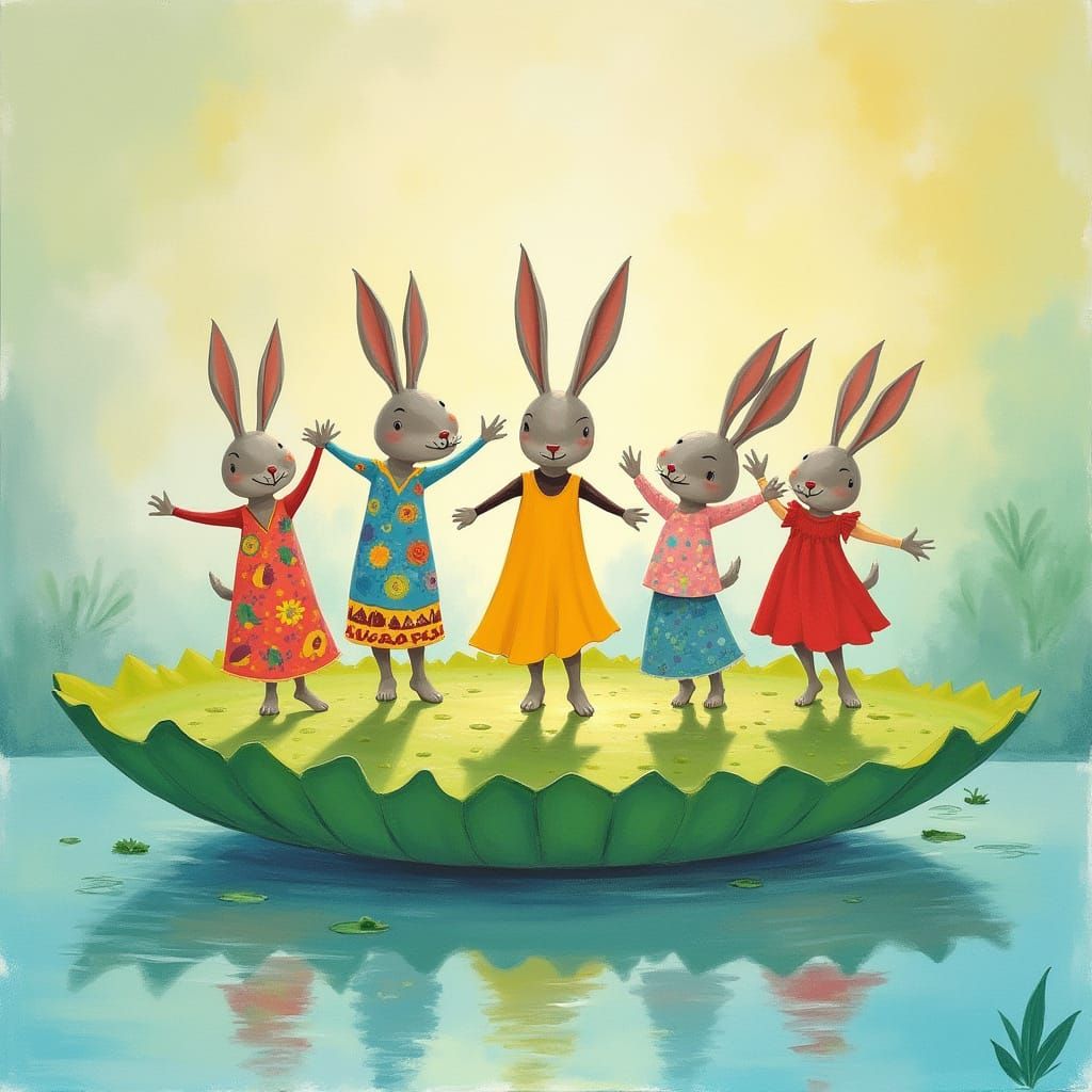 Anthropomorphic Rabbits Dancing on a Lily Pad