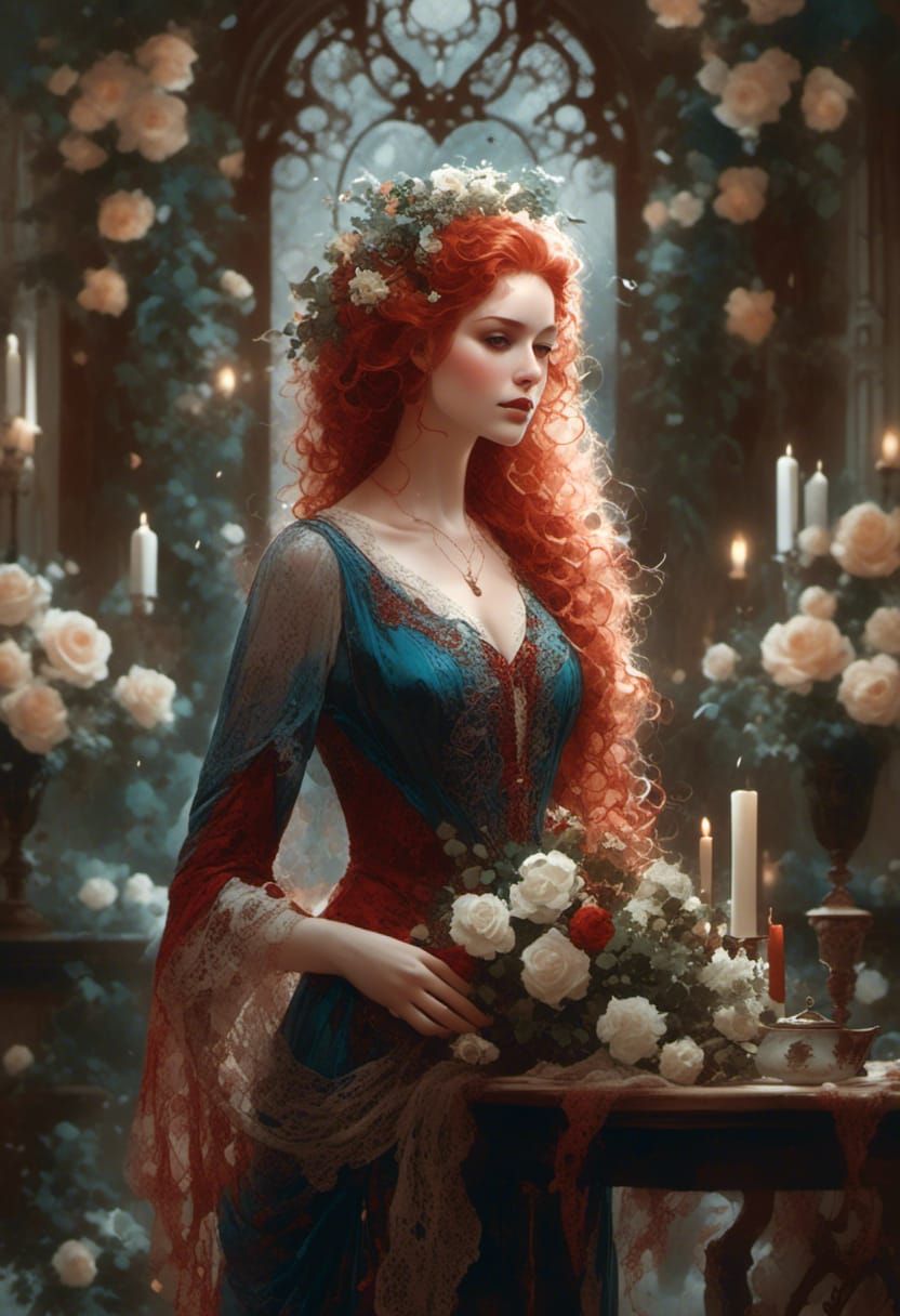 Ethereal Woman in Victorian Gown with Roses