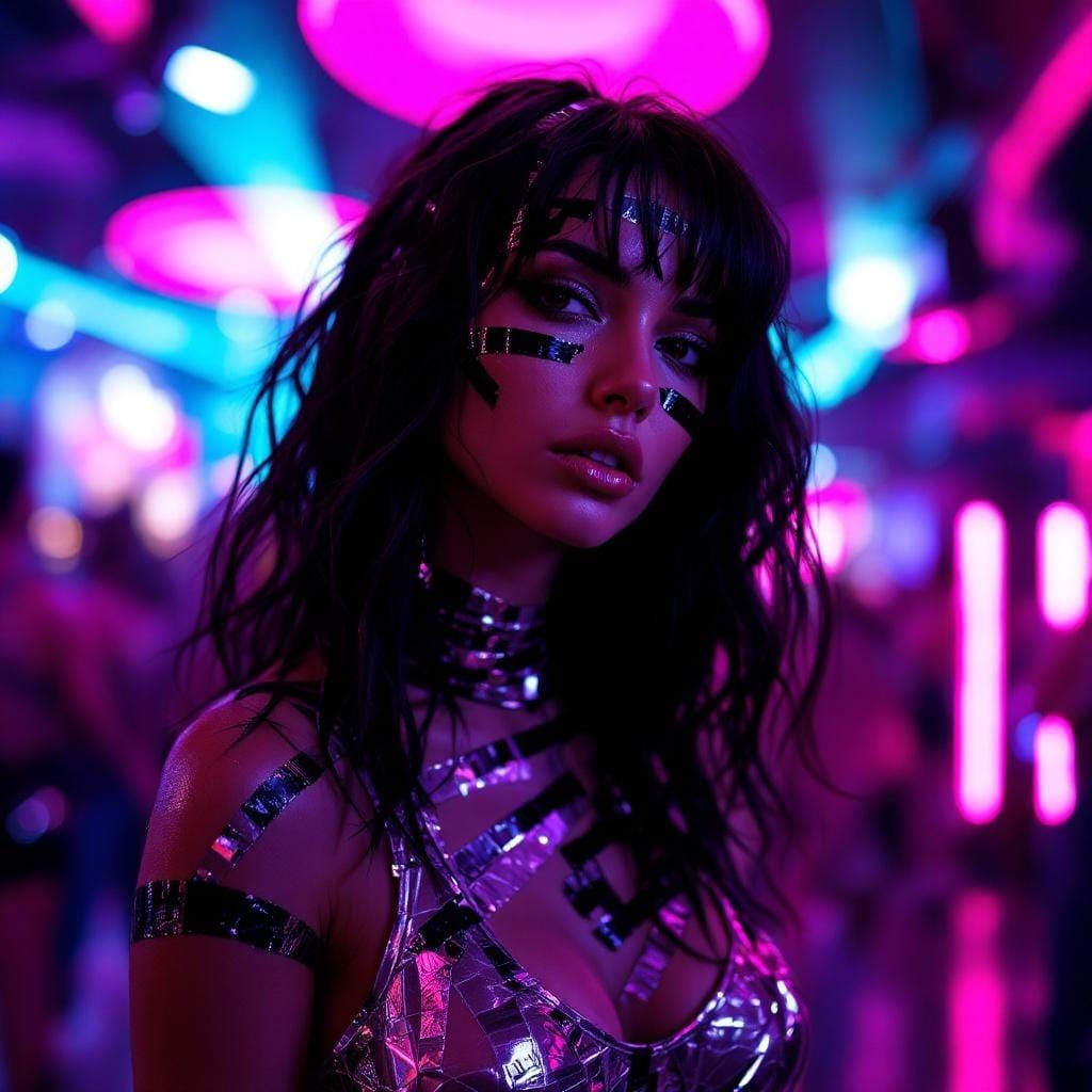 Futuristic Model in Cyberpunk Nightclub with Metallic Design