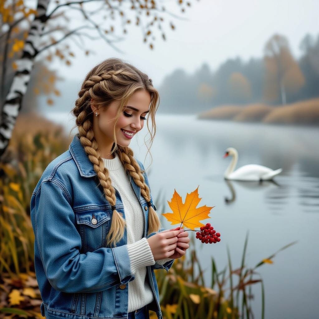 Woman with Leaves by River in Photorealistic Style