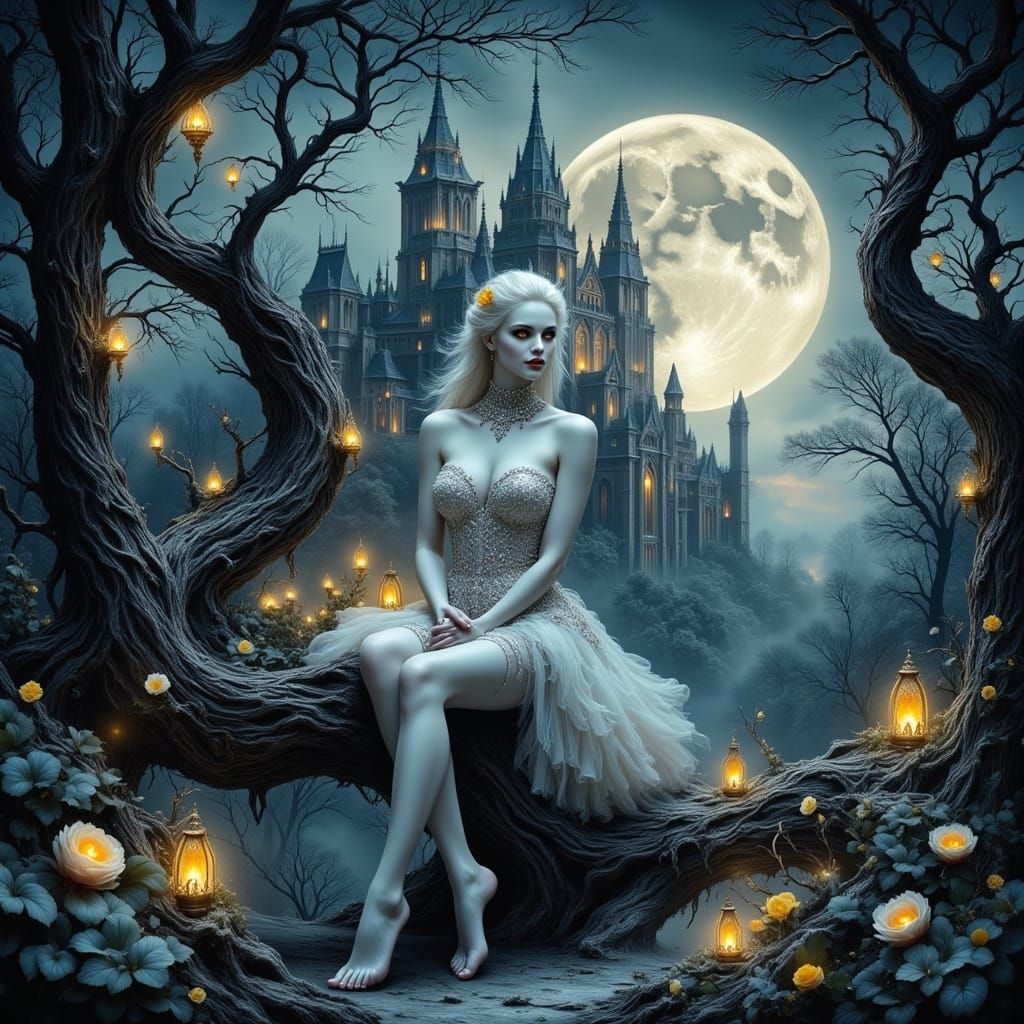 Gothic Vampirella in Winter Garden, Cradling a Luminous Cell...