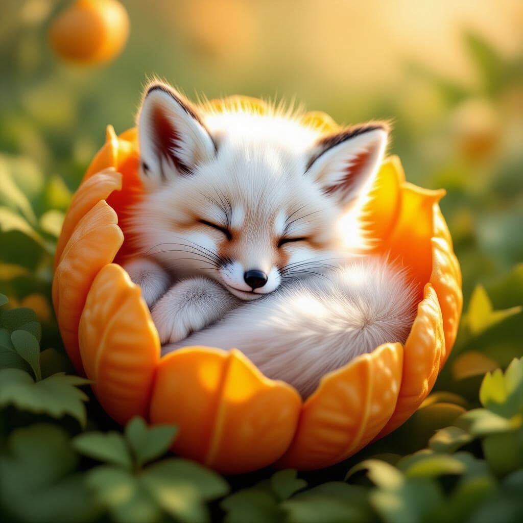 Fox Kit Asleep in Physalis, Fantasy Illustration