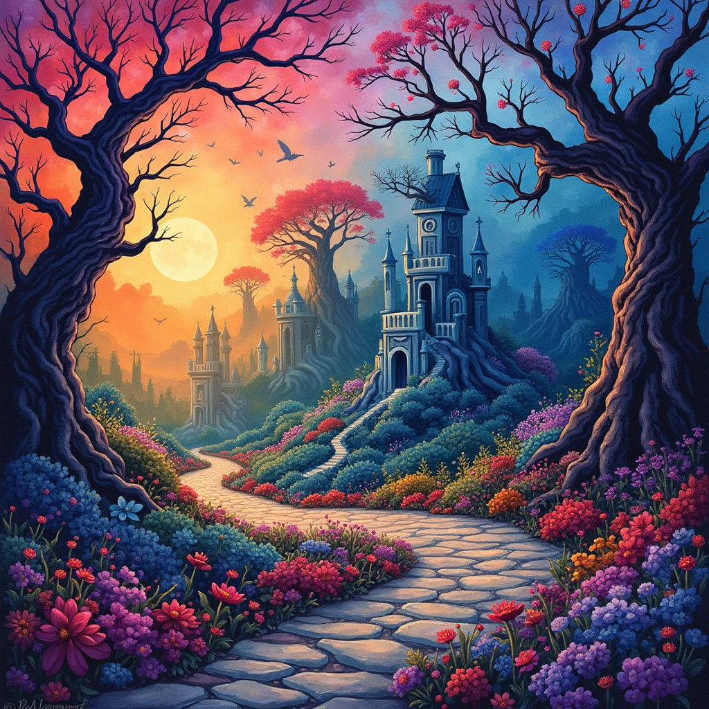 Grimdark Candyland Wonderland with Gouache Swirls