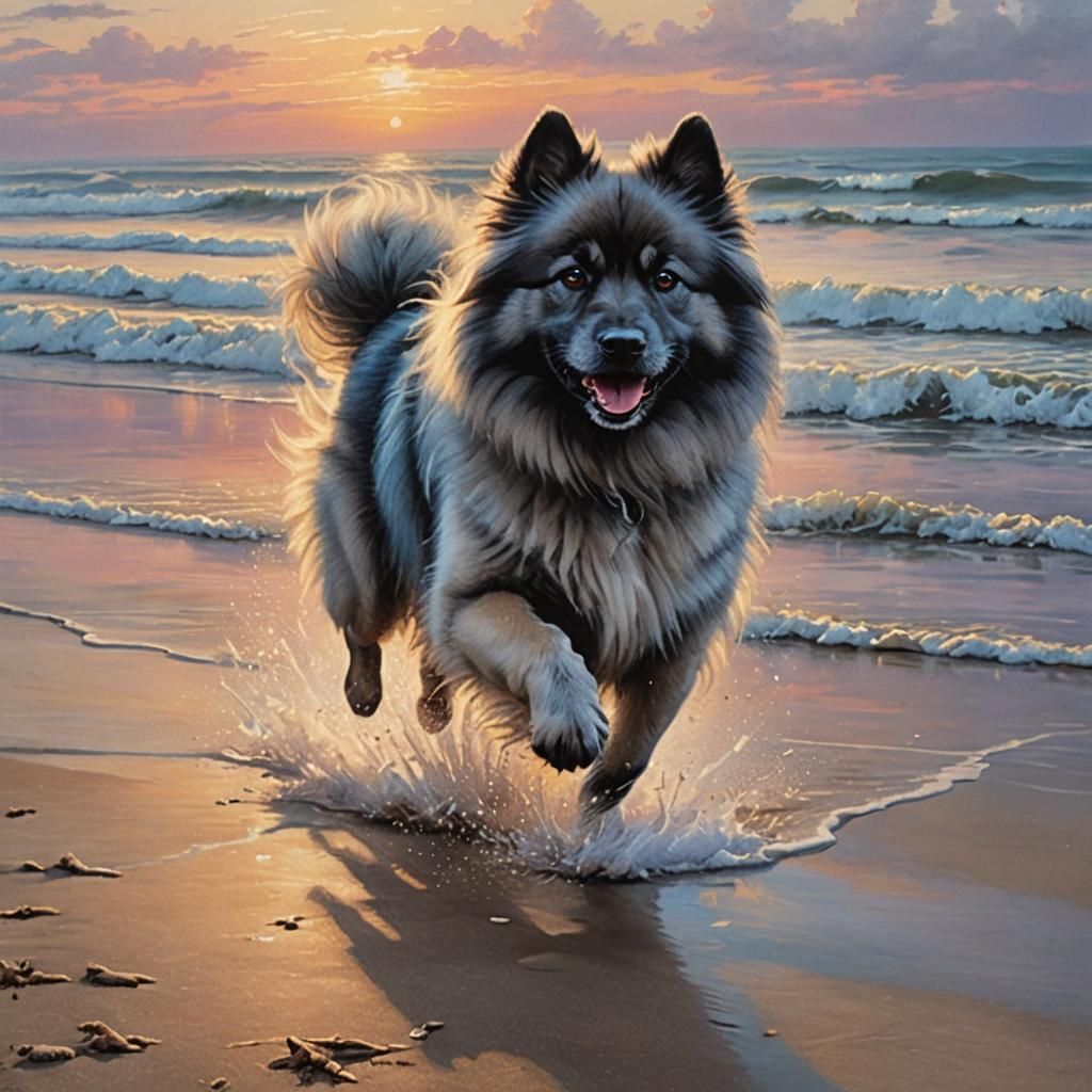 Keeshond Runs on Beach at Sunset: Hyperrealistic Pastel Phot...