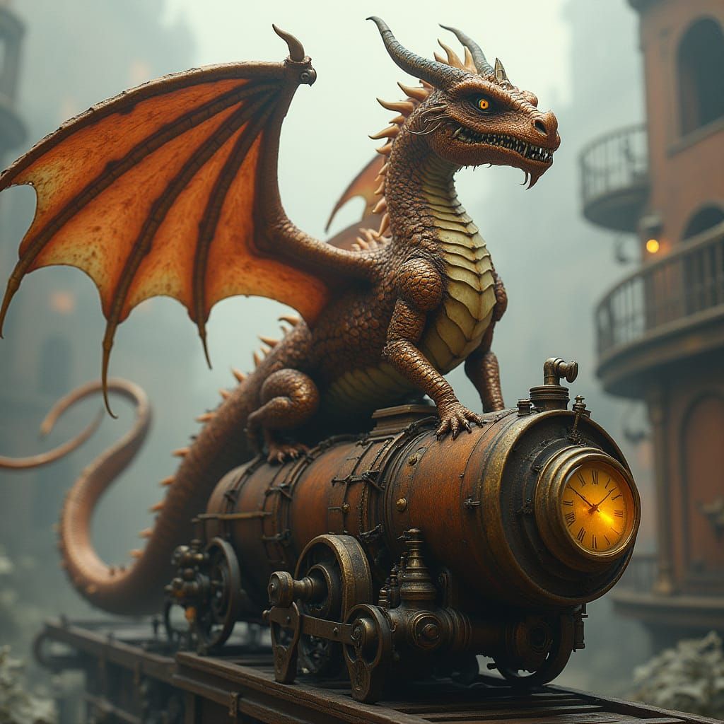 Intricate Steampunk Dragon Amidst Victorian-Era Industrial W...