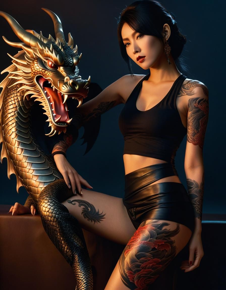Dragon Tattoo Art: Chinese Woman in Volumetric Light