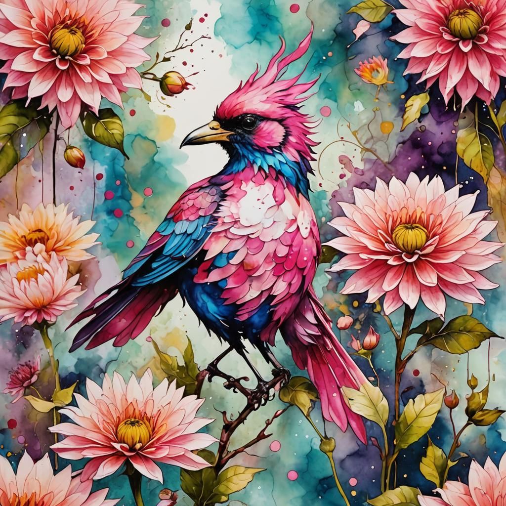 Fantasy Bird on Vivid Alcohol Ink Flower