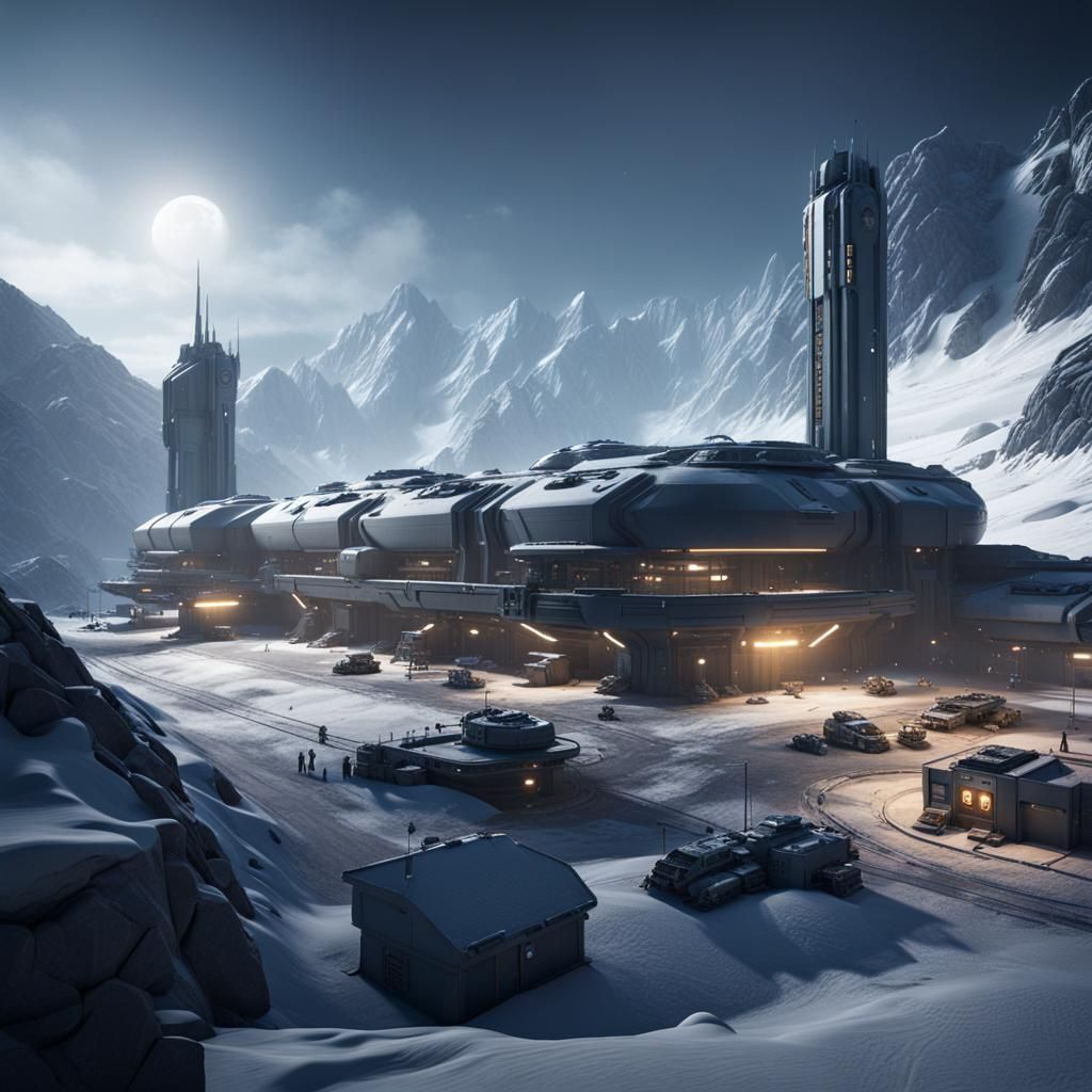 Dystopian Military Base on Snowy Planet in 3D