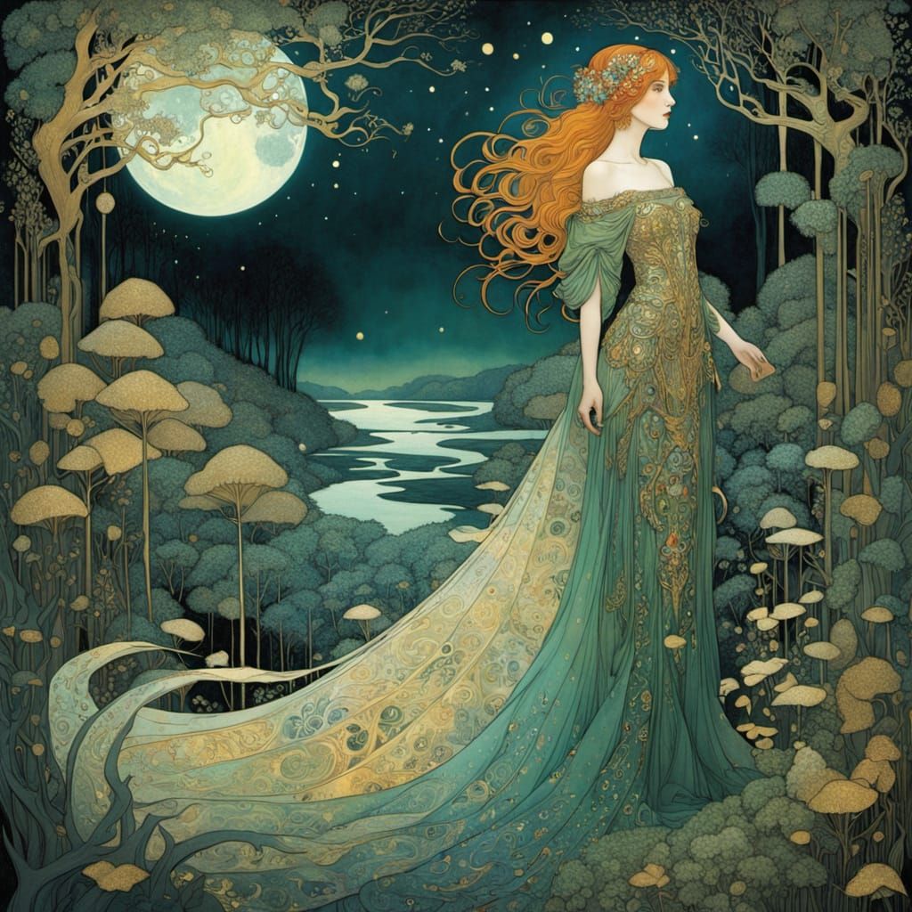 Art Nouveau Woman in Ethereal Whispering Forest