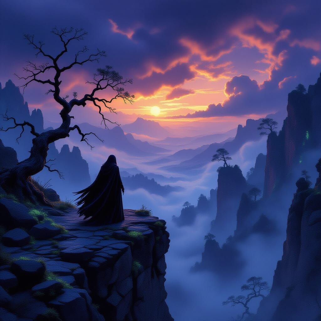 Solitary Witch on Cliff Overlooking Misty Valley in Dark Fan...