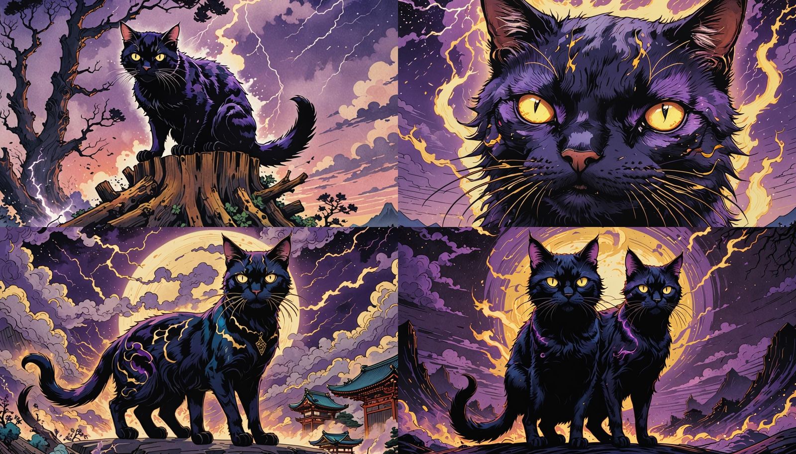 Zombie Black Cat with Lightning, Ukiyo-e Style