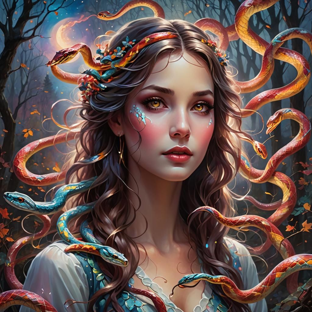 Ethereal Medusa with Colorful Snakes in Fantasy Landscape