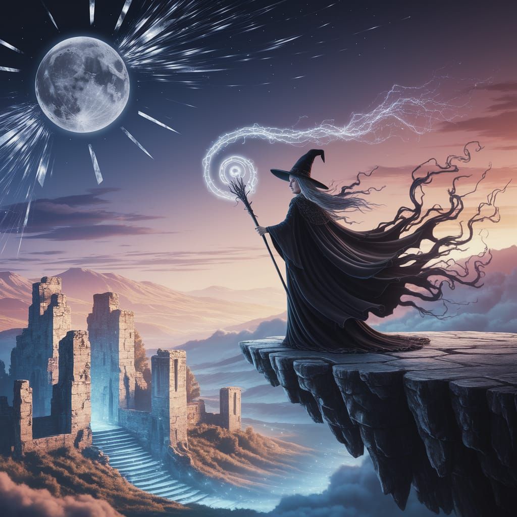 Witch on Floating Cliff Under Broken Moon