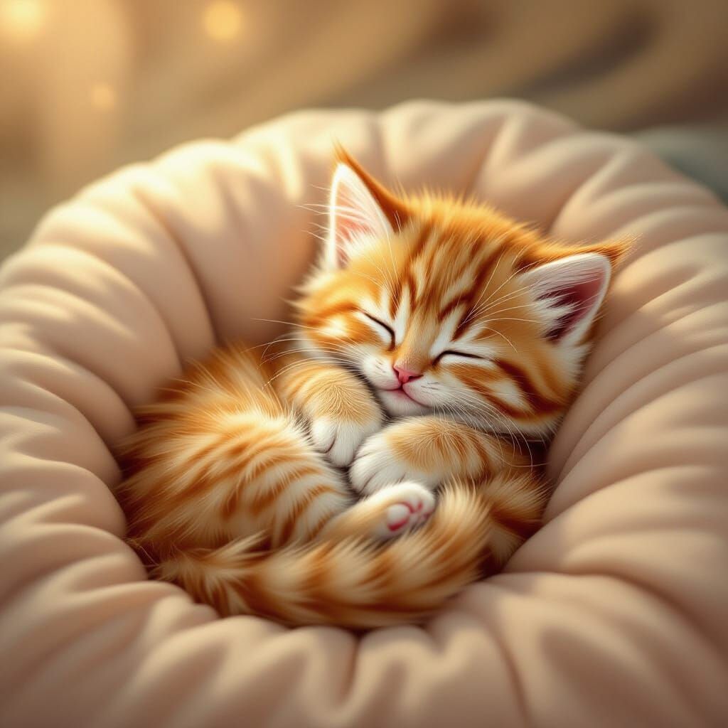 Adorable Fluffy Kitten Asleep on Cushion