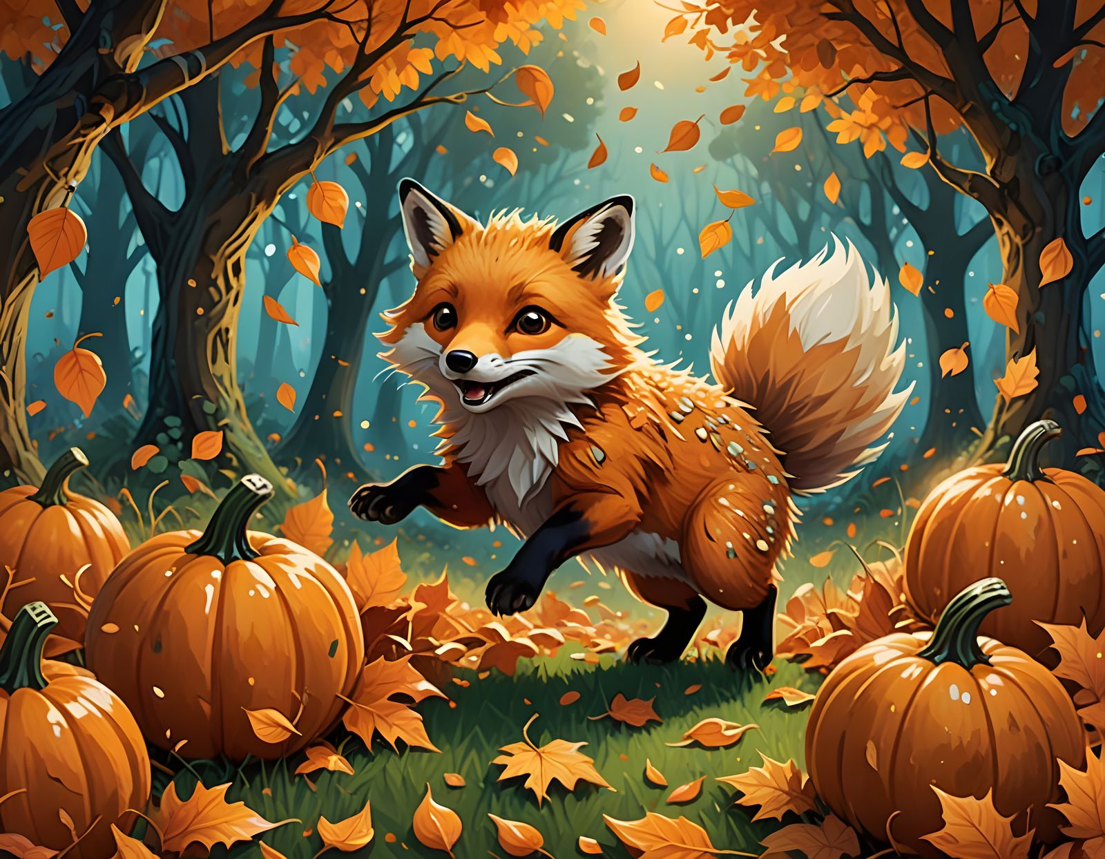 Whimsical Fox Cub and Hedgehog in Autumn Forest