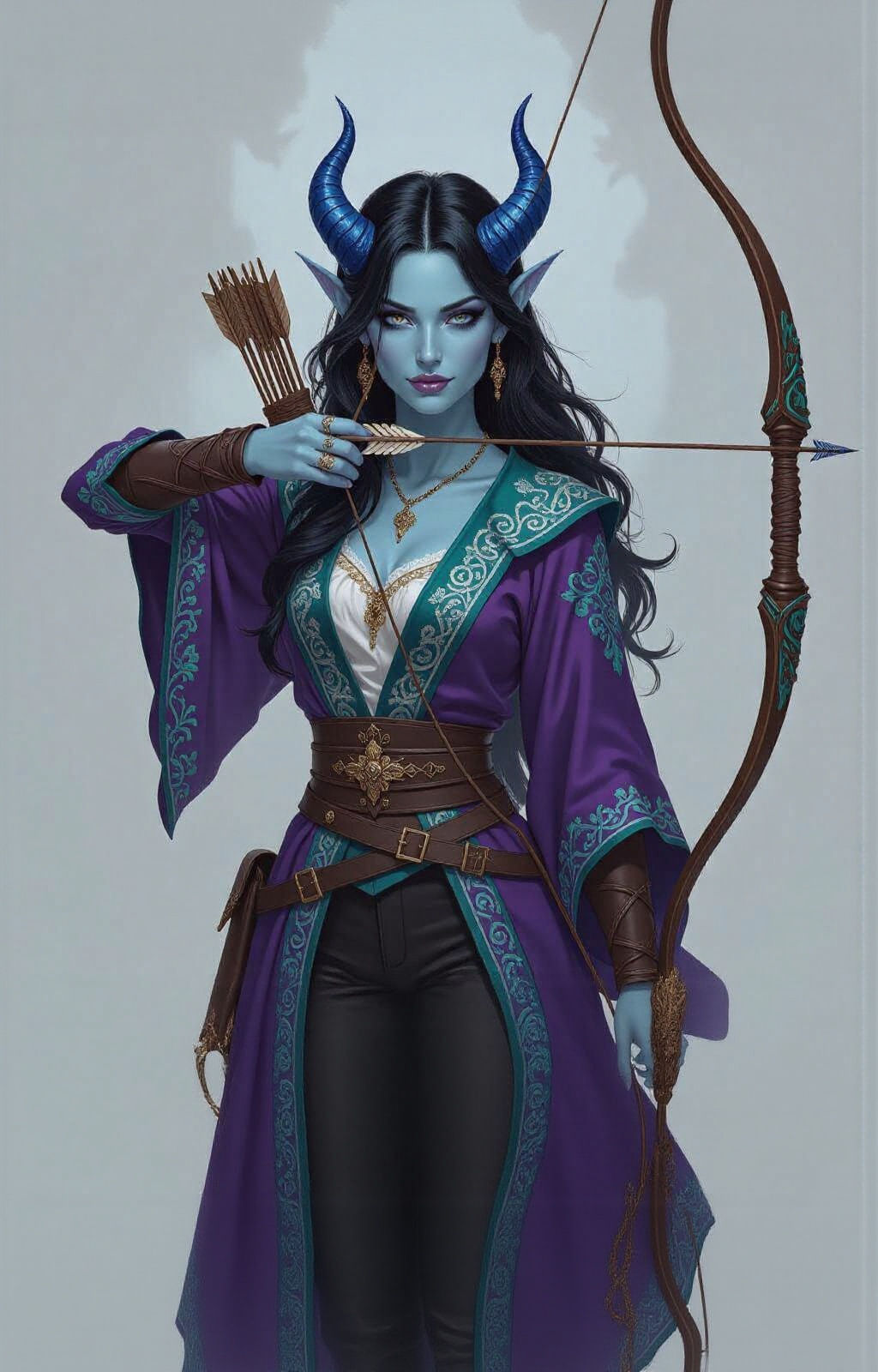 Female Tiefling Archer with Black Hair and Blue Skin