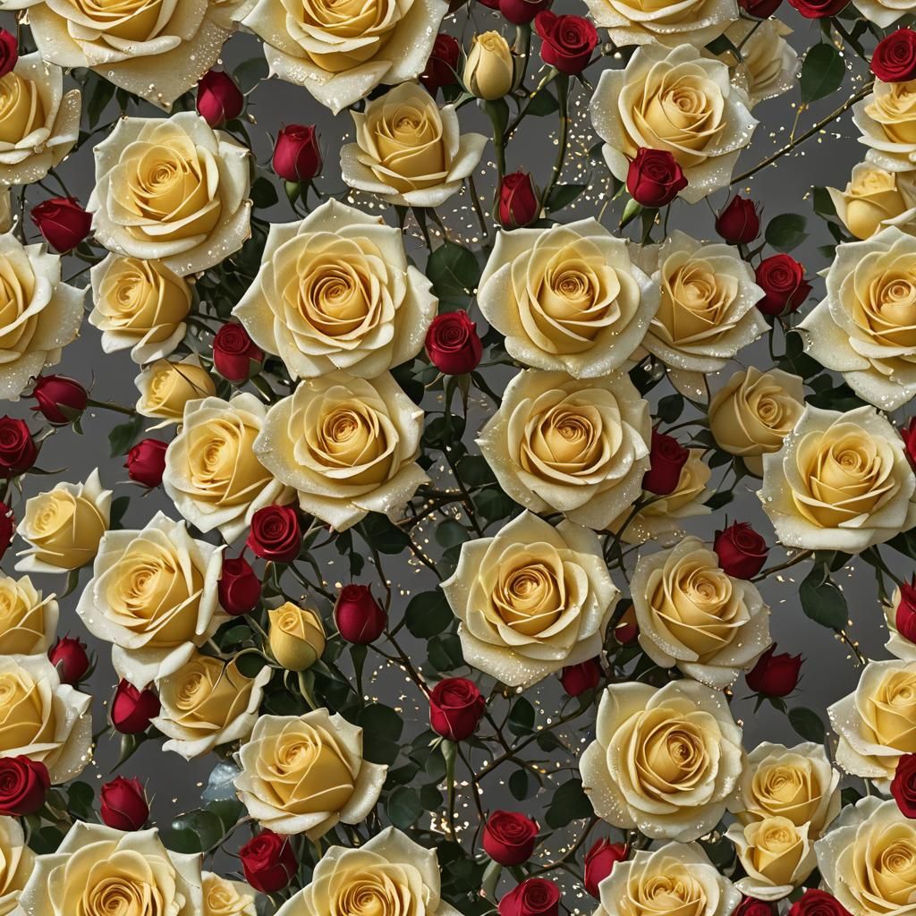 Translucent Yellow Rose Surrounded by Sparkling Red Roses