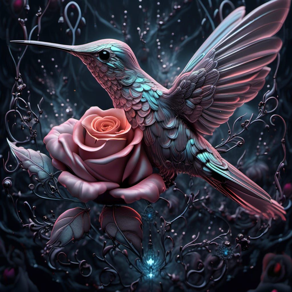 Hummingbird and Silver Rose in X-Ray Art