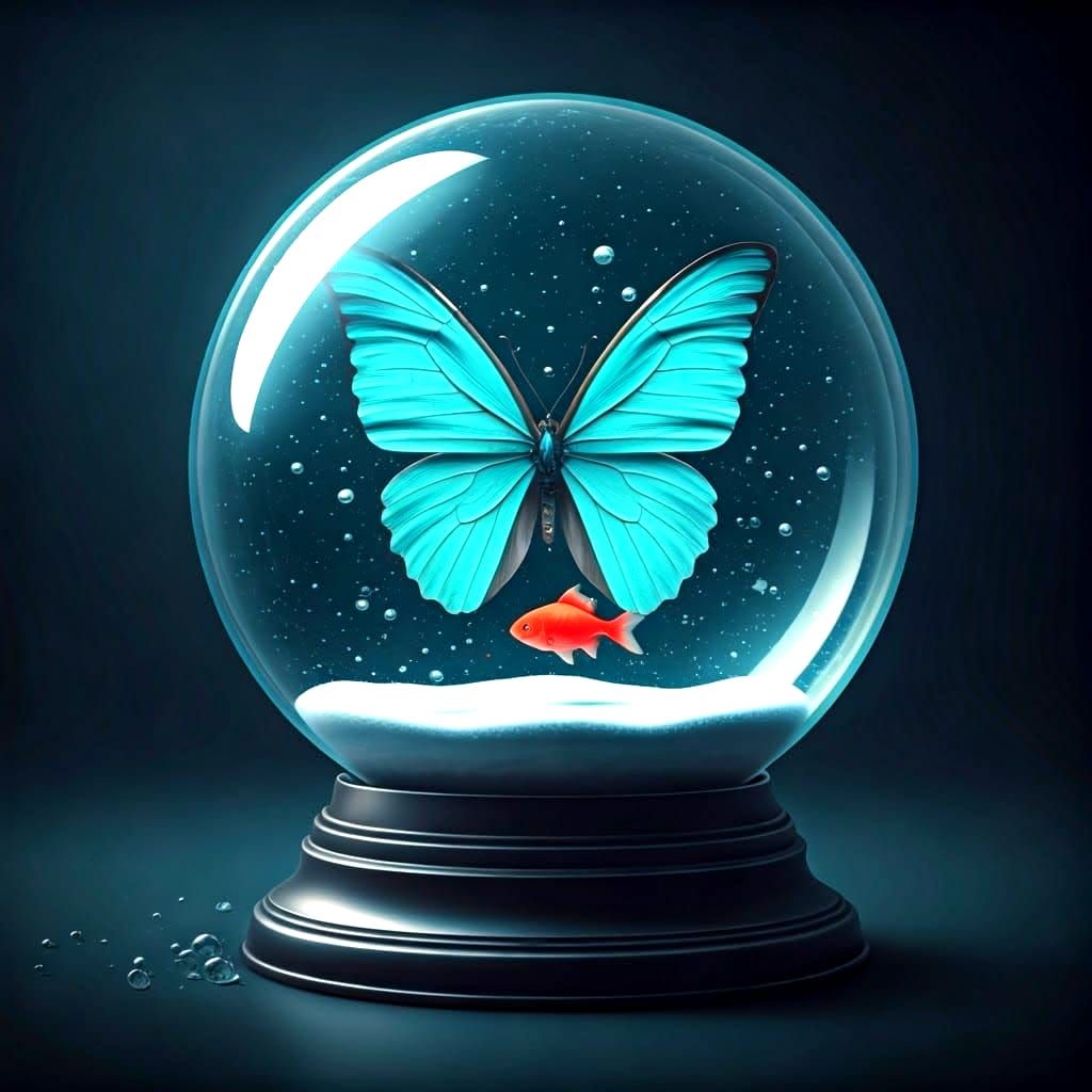 Papillon, poisson rouge et boule à neige