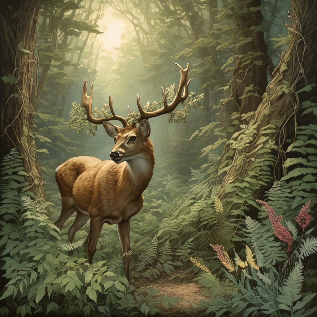 Deer in Forest Glade with Pyrography Effect