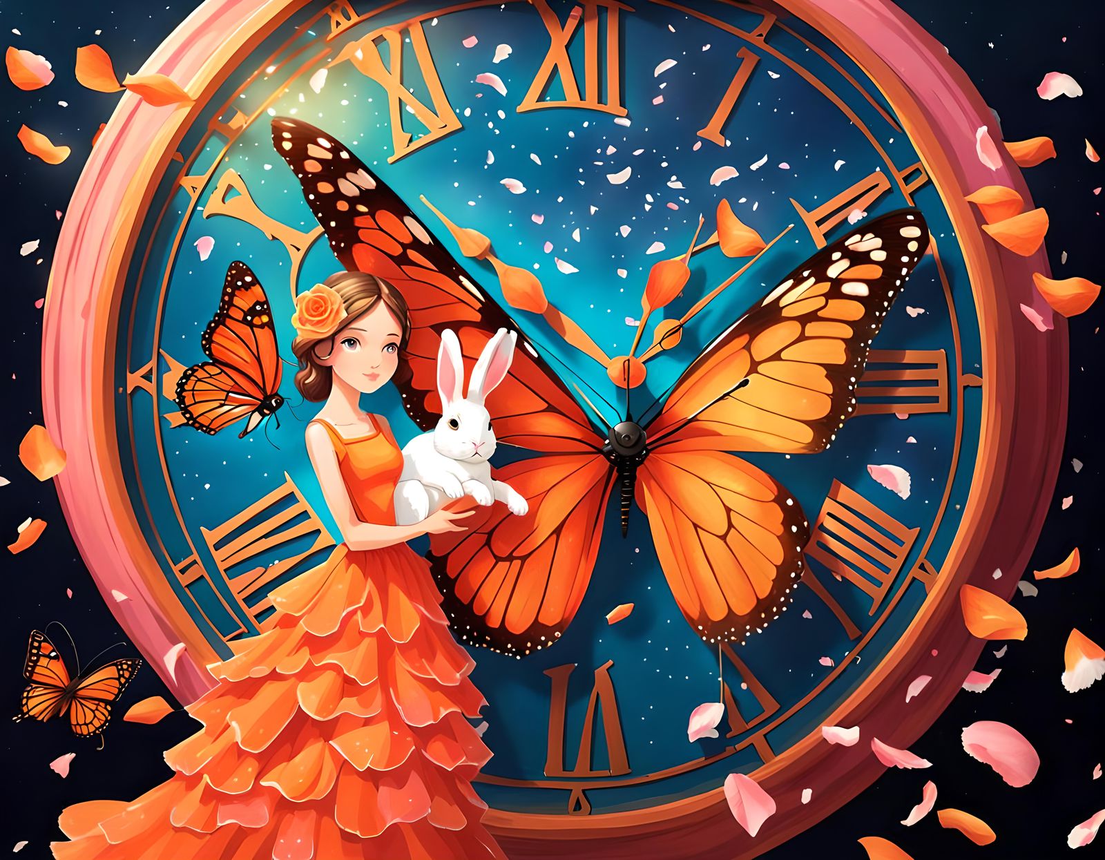 Fairy with Bunny Rabbit in Rose Petal Rain