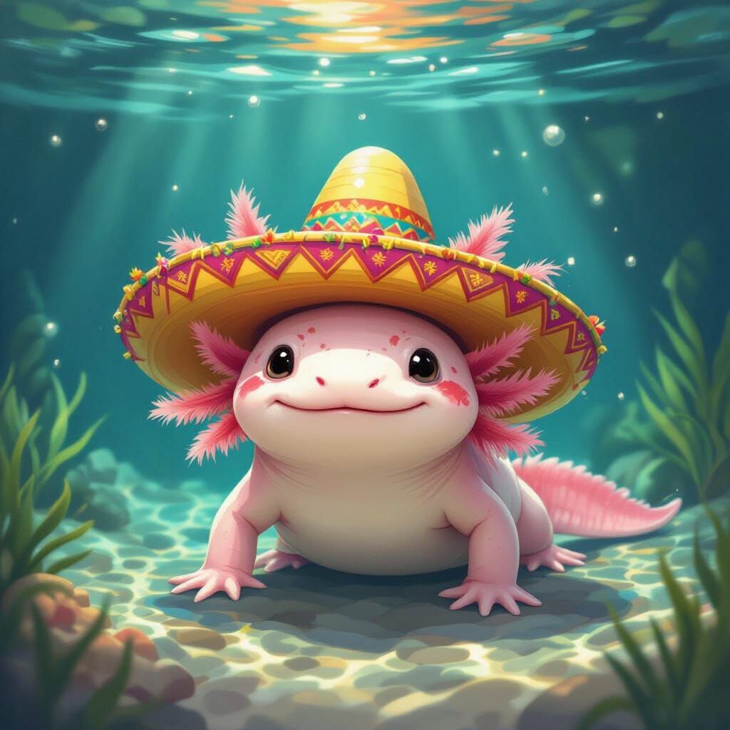 Cheerful Axolotl in Colorful Sombrero in Aquarium