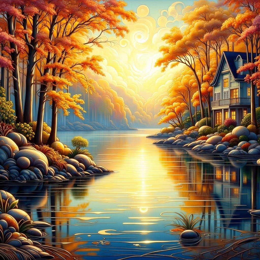 <lora:Art deco nouveau 2:1.0> A serene lake on a crisp autumn day, surrounded by vibrant trees ablaze with warm, golden ...