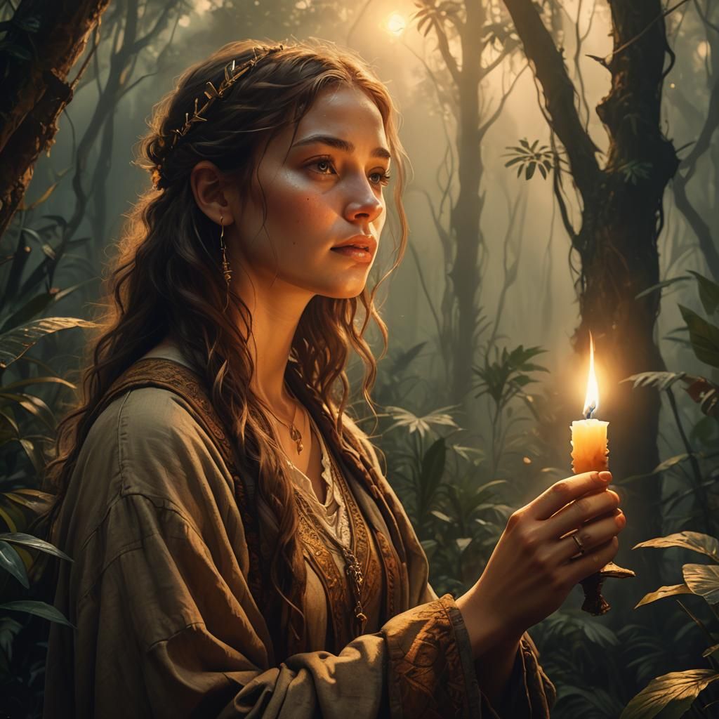 Mystical Jungle Prayer with Candle in Rembrandt Lighting