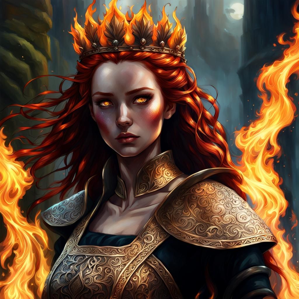 Fiery Red-Haired Queen with Fire Crown