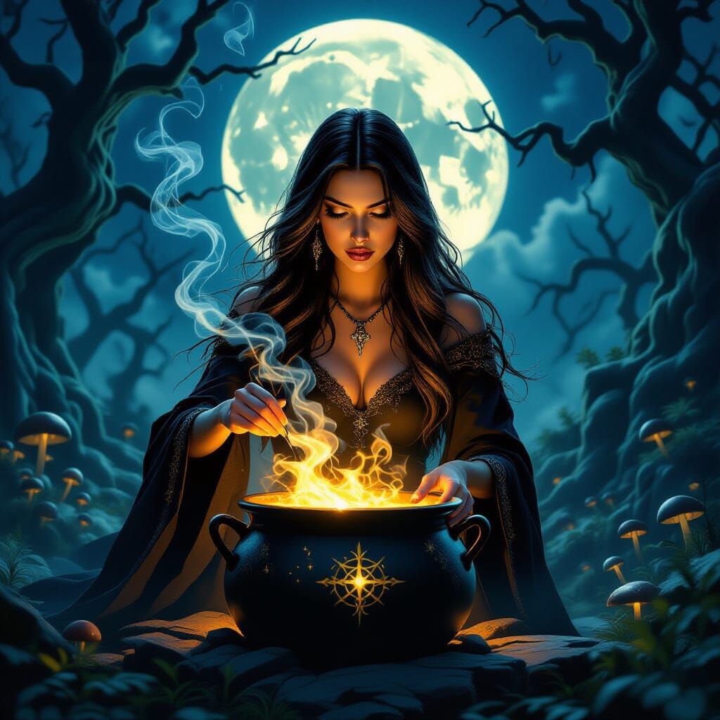 Mystical Witch Stirring Cauldron Under Full Moon