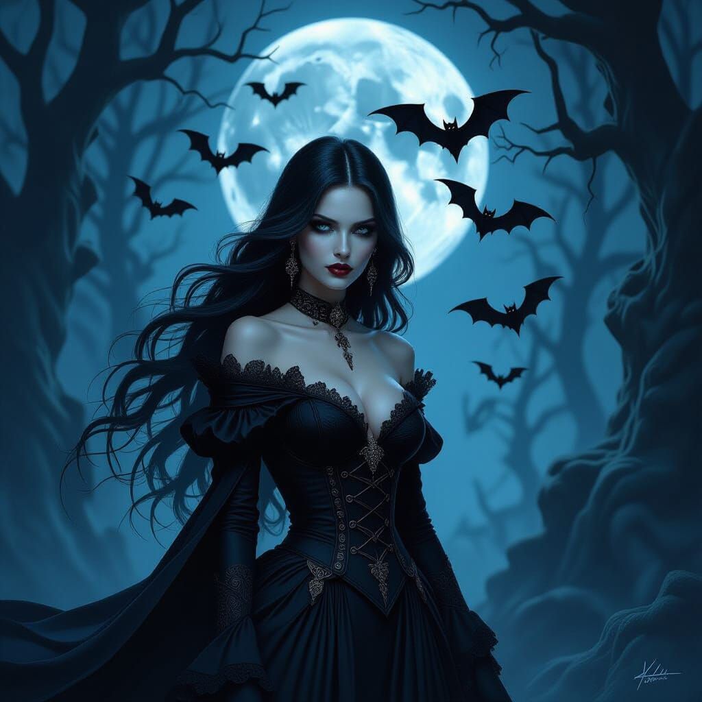 Gothic Woman in Moonlit Forest with Swirling Bats