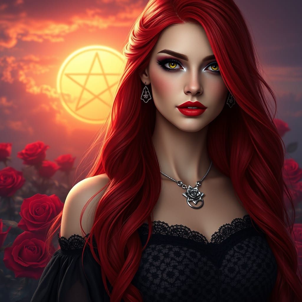 Ethereal Goddess in Red Roses and Pentagram