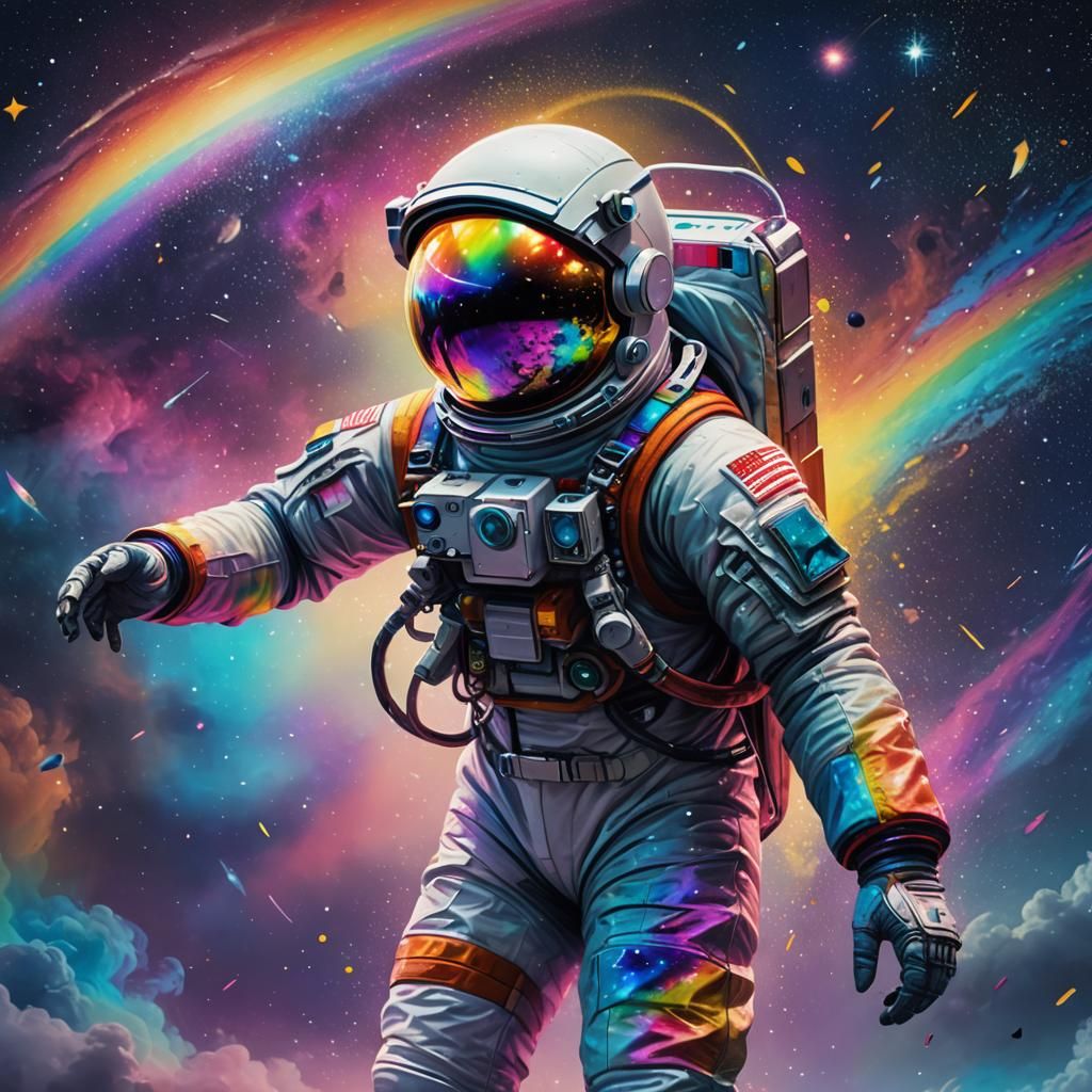 Rainbow Astronaut in Starry Night Sky, Digital Art