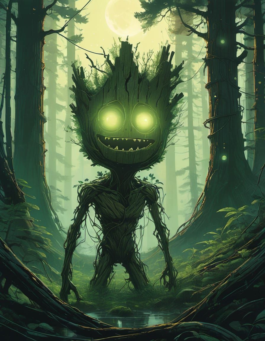 Teenage Groot in Whimsical, Moonlit Forest