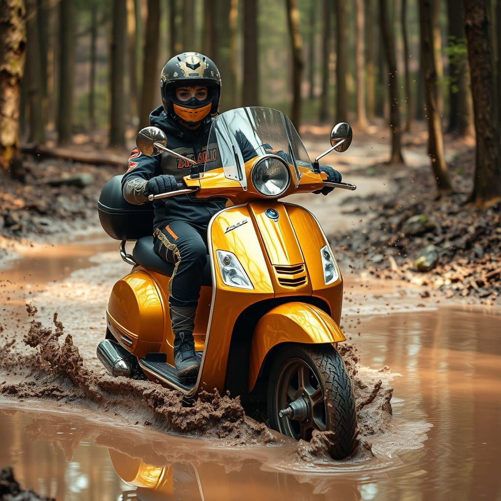 Teenager Cruises Vespa Through Muddy Waters in the Forest