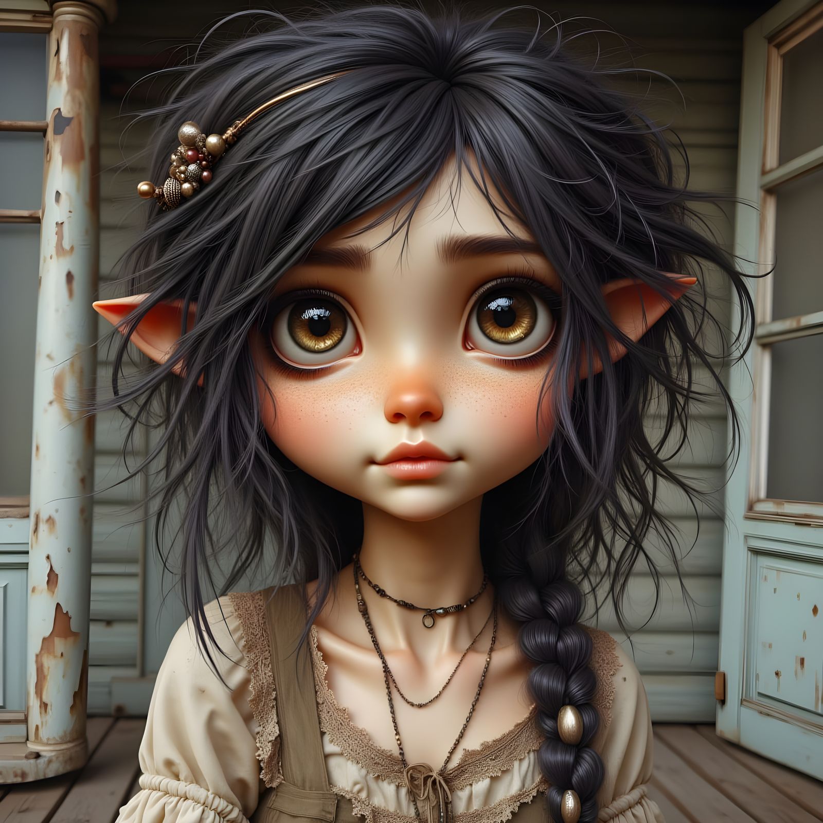 Oil Painting of a Humble Woman on Farmhouse Porch